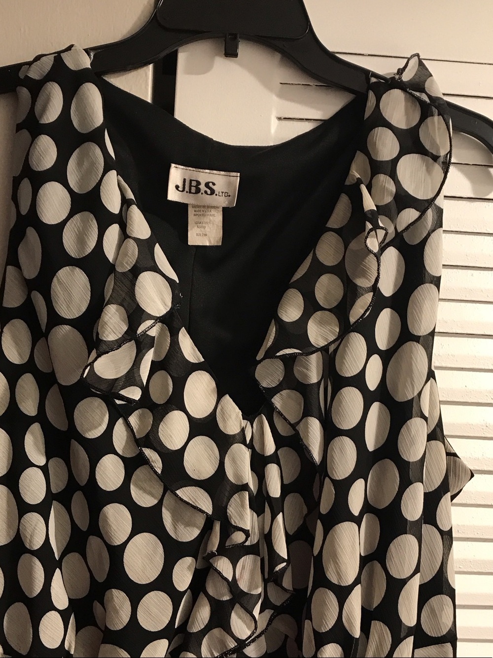 J.B.S. Black and White Polka Dot Ruffle V-Neck Blouse